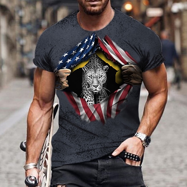 

Men's Unisex T shirt 3D Print Leopard Graphic Prints National Flag Crew Neck Street Daily Print Short Sleeve Tops Casual Designer Big and Tall Sports Gray