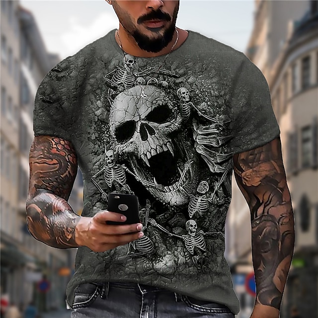 

Men's Unisex T shirt 3D Print Graphic Prints Skull Crew Neck Street Daily Print Short Sleeve Tops Casual Designer Big and Tall Sports Gray