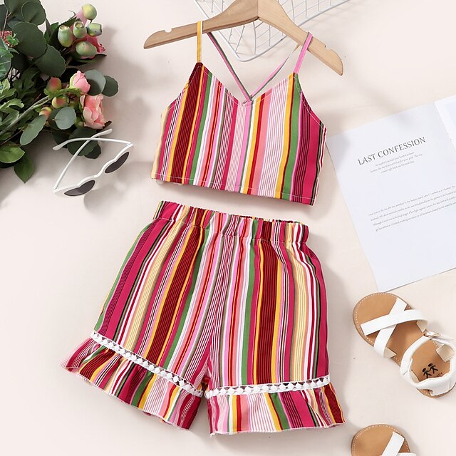 

Kids Girls' Tank Shorts Clothing Set 2 Pieces Sleeveless Rainbow Stripe Indoor Outdoor Cute Sweet Regular 4-12 Years