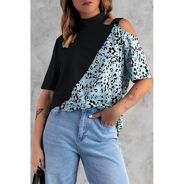 

Women's Painting T shirt Graphic Leopard Cut Out Patchwork Cold Shoulder High Neck Basic Tops Blue White Black