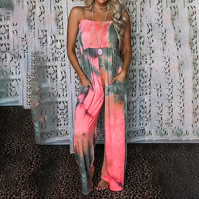 

Women's Jumpsuit Backless Pocket Tie Dye Round Neck Casual Street Daily Loose Sleeveless Pink S M L Fall