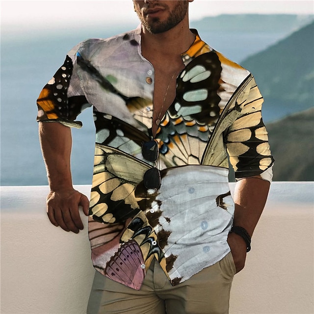 

Men's Shirt 3D Print Butterfly Animal Stand Collar Casual Daily Button-Down Print Long Sleeve Tops Casual Fashion Designer Comfortable Yellow