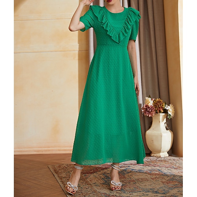

Women's A Line Dress Maxi long Dress Green Short Sleeve Pure Color Chiffon Spring Summer Crew Neck Elegant Luxurious Elegant Mesh S M L XL