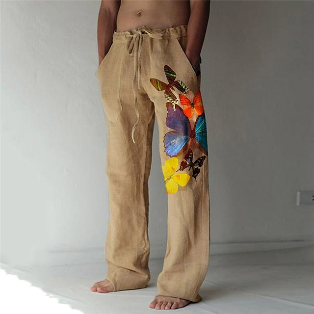 

Men's Fashion Designer Straight Trousers Beach Pants 3D Print Elastic Drawstring Design Front Pocket Pants Casual Daily Butterfly Graphic Prints Comfort Soft Mid Waist White Khaki S M L XL XXL