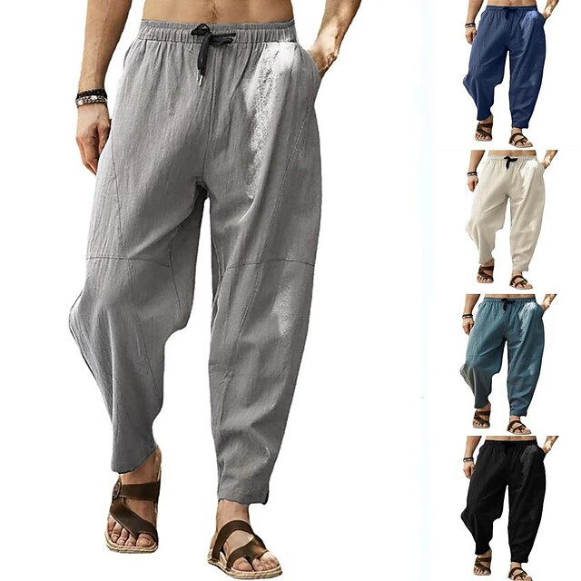 Men Cotton Linen Sweatpants Casual Loose Solid Lightweight Elastic Waist Yoga Beach Pants 