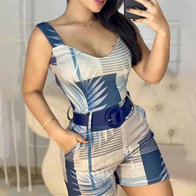

Women's Romper Lace up Print Print V Neck Casual Street Daily Regular Fit Sleeveless Blue S M L Spring