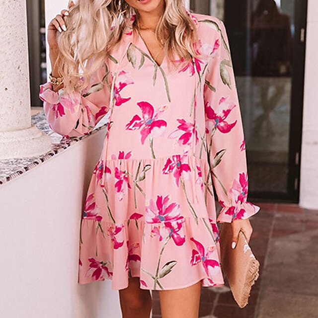 

Women's A Line Dress Short Mini Dress Pink Long Sleeve Floral Lace up Ruffle Print Fall Summer V Neck Stylish Casual Boho 2022 S M L XL XXL 3XL
