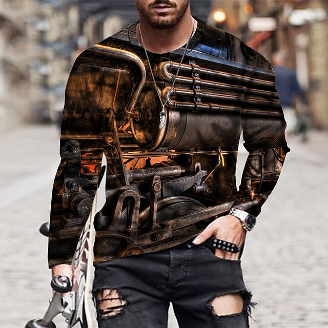 

Men's T shirt 3D Print Graphic Round Neck Daily Print Long Sleeve Tops Cool Black
