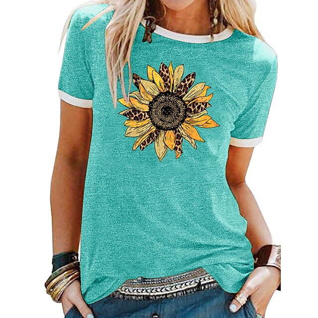 

Women's T shirt Floral Leopard Daisy Patchwork Print Round Neck Basic Tops Green Blue Black