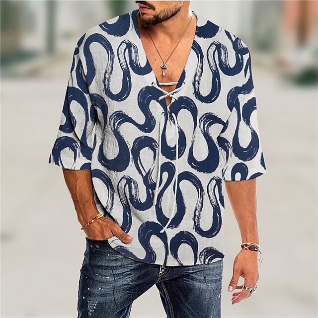 

Men's Shirt 3D Print Geometry V Neck Casual Daily 3D Print Drawstring 3/4 Length Sleeve Tops Casual Fashion Designer Comfortable Blue