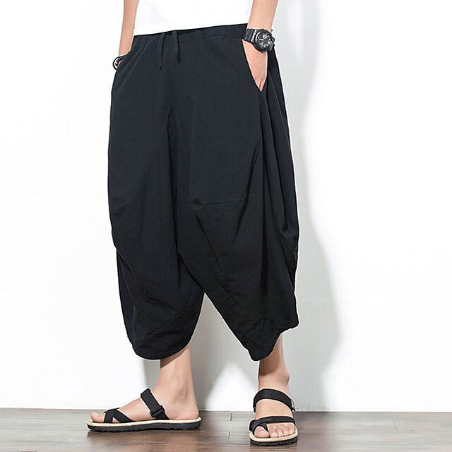 Mens Clothing Mens Bottoms | Mens Retro Vintage Streetwear Culottes Wide Leg Tapered Carrot Pants Elastic Drawstring Design Calf