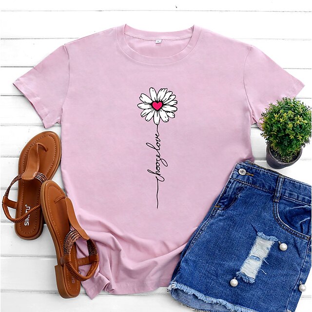 

Women's T shirt Heart Daisy Letter Print Round Neck Basic Tops Green White Pink