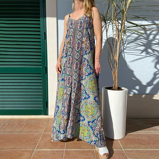

Women's Swing Dress Maxi long Dress Blue Wine Brown Beige Sleeveless Floral Print Cold Shoulder Print Spring Summer V Neck Stylish Casual 2022 S M L XL