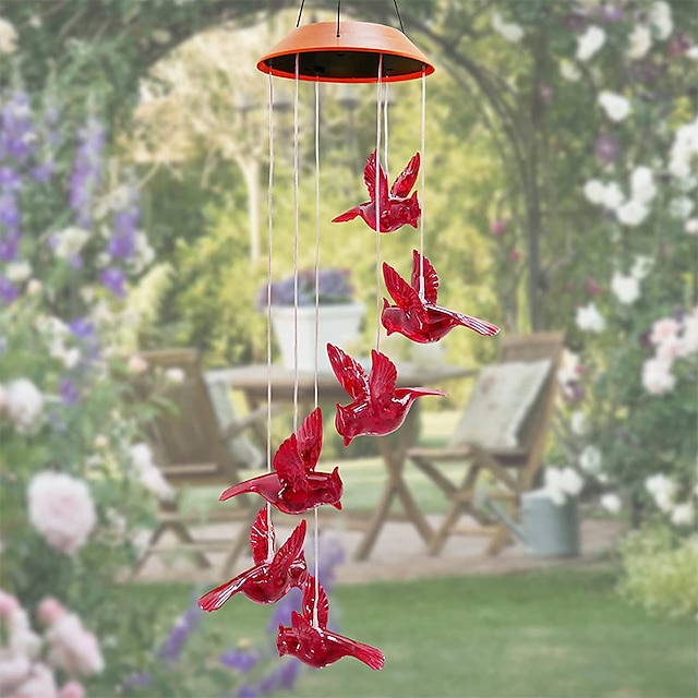  Solar Cardinal Red Bird Windspiel LED-Leuchten Spinner Spiralschnur zum Aufhängen im Freien Gartenhaus Wanddekorationen rot