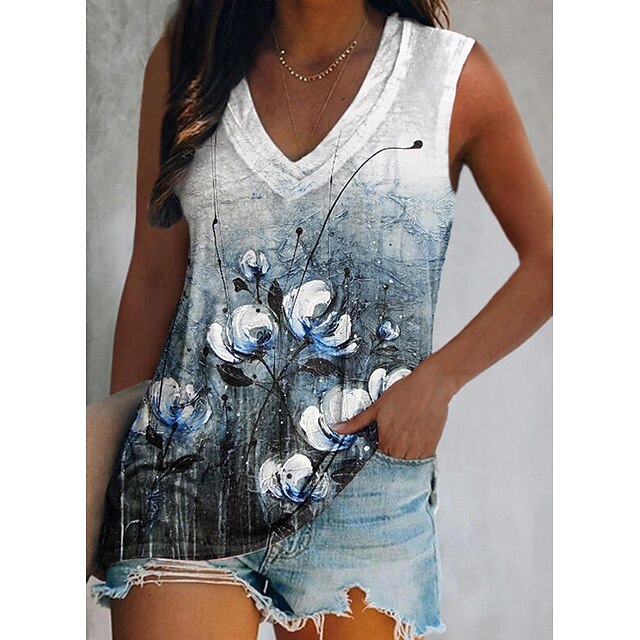 

Women's Floral Theme Tank Top Vest Floral Print V Neck Casual Streetwear Tops Blue Purple Yellow / 3D Print