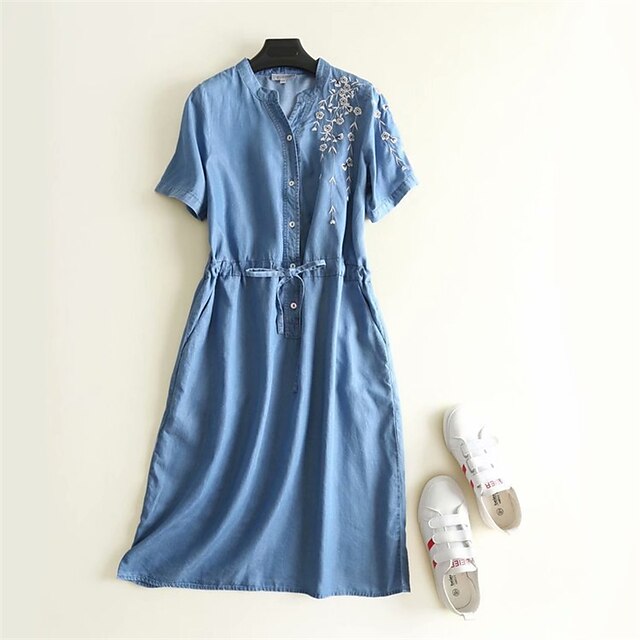 

Women's Sheath Dress Midi Dress Blue Short Sleeve Floral Embroidered Lace up Button Fall Summer Shirt Collar Stylish Elegant Casual 2022 M L