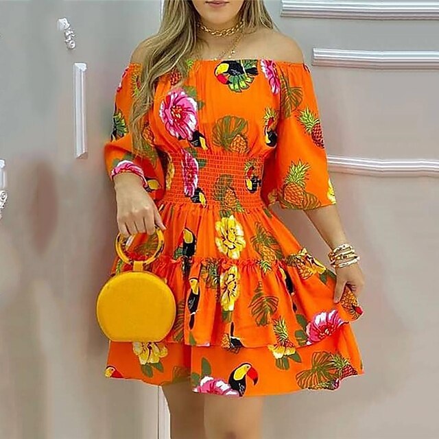 

Women's A Line Dress Short Mini Dress Pink Orange Red Yellow Half Sleeve Floral Layered Print Spring Summer Off Shoulder Elegant Vacation 2022 S M L XL