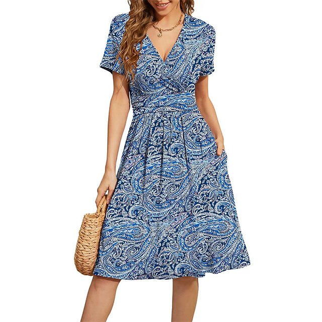 

Women's A Line Dress Short Mini Dress Green Blue White Wine Dark Blue Yellow Short Sleeve Floral Pocket Print Spring Summer V Neck Stylish Work Elegant 2022 S M L XL XXL