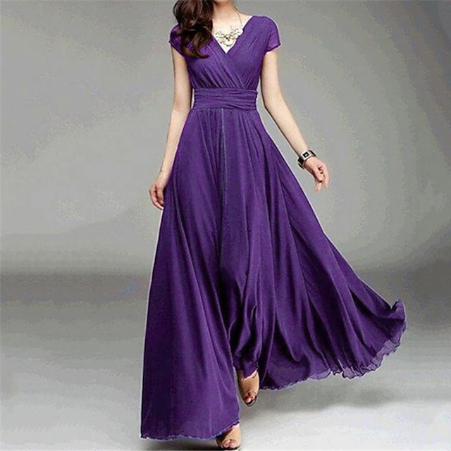 Women's Long Dress Maxi Dress Party Dress Casual Dress Swing Dress Modern Elegant Dress Wedding Guest Daily Date Slim Pure Color Short Sleeve V Neck Black White Yellow Wine Summer Spring 10