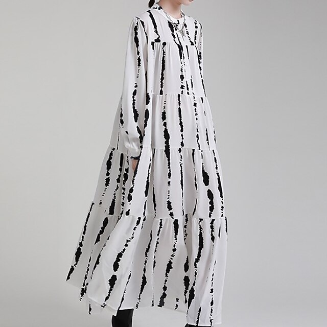 

Women's A Line Dress Maxi long Dress White Black Long Sleeve Print Print Spring Summer Crew Neck Casual Modern 2022 One-Size