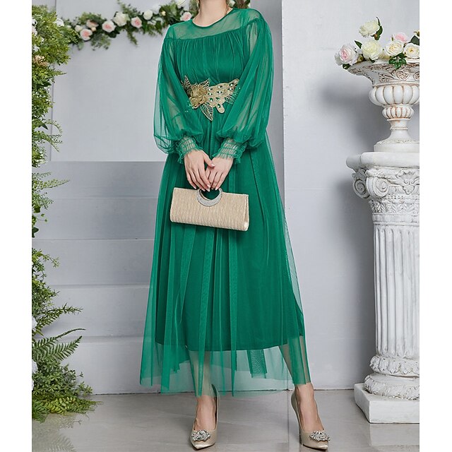 

Women's A Line Dress Maxi long Dress Green Long Sleeve Solid Color Chiffon Spring Summer Crew Neck Elegant Luxurious Elegant Flare Cuff Sleeve Mesh S M L XL / Party Dress