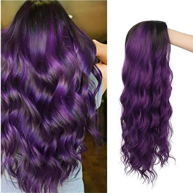 Beauty & Hair Wigs & Hair Pieces | Dark Purple Wigs Ombre Purple Curly Wavy Long Wig For Women Black Roots Natural Cute Colored 