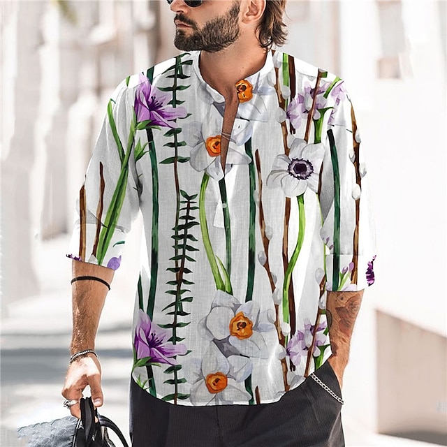 

Men's Shirt 3D Print Floral Stand Collar Street Casual Button-Down Print Long Sleeve Tops Casual Fashion Designer Breathable White