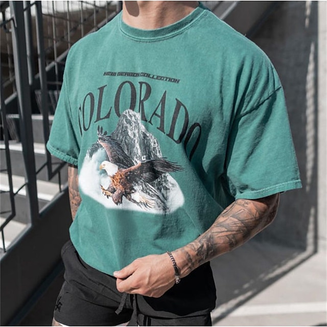 

Men's T shirt Hot Stamping Graphic Letter Animal Crew Neck Casual Daily Print Short Sleeve Tops Lightweight Fashion Big and Tall Sports Green