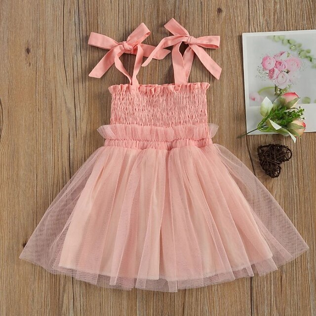 

Kids Little Girls' Dress Solid Colored A Line Dress Birthday Daily Ruched Mesh White Pink Knee-length Sleeveless Princess Cute Dresses Fall Summer Regular Fit 2-6 Years