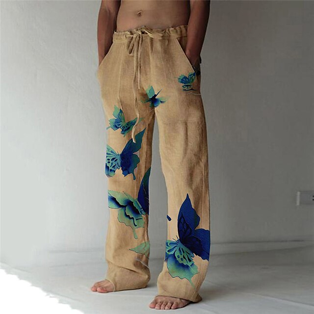 

Men's Fashion Designer Straight Trousers Beach Pants 3D Print Elastic Drawstring Design Front Pocket Pants Casual Daily Butterfly Graphic Prints Comfort Soft Mid Waist White Khaki S M L XL XXL