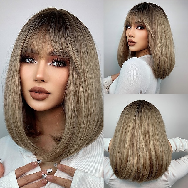  synthetische pruik natuurlijk recht met pony pruik 16 inch ombre bruin synthetisch haar vrouwen natuurlijke mode pluizig bruin
