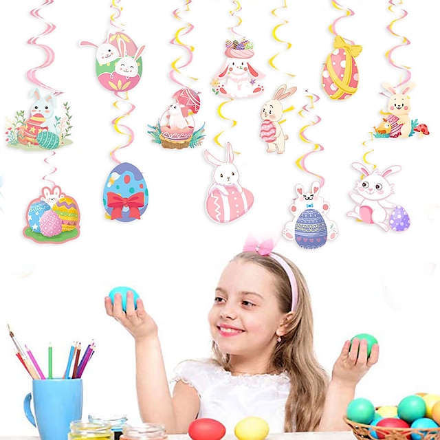 

12pcs Cartoon Easter theme party lovely rabbit egg spiral pendant party decoration