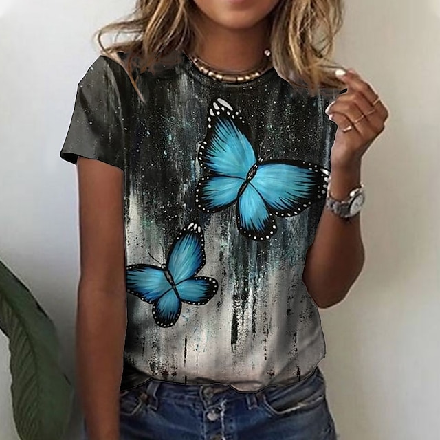 

Women's Butterfly Painting T shirt Butterfly Tie Dye Print Round Neck Basic Tops Blue Pink Orange / 3D Print