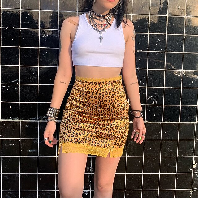 

Women's Fashion Short Skirts Going out Weekend Plaid Leopard Split Black Red Yellow S M L