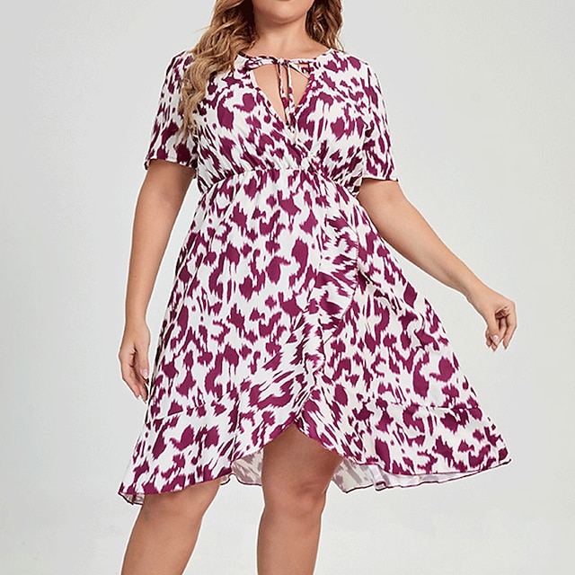 Womens Clothing Plus Size Collection | Womens Plus Size A Line Dress Leopard V Neck Print Short Sleeve Spring Summer Casual Knee