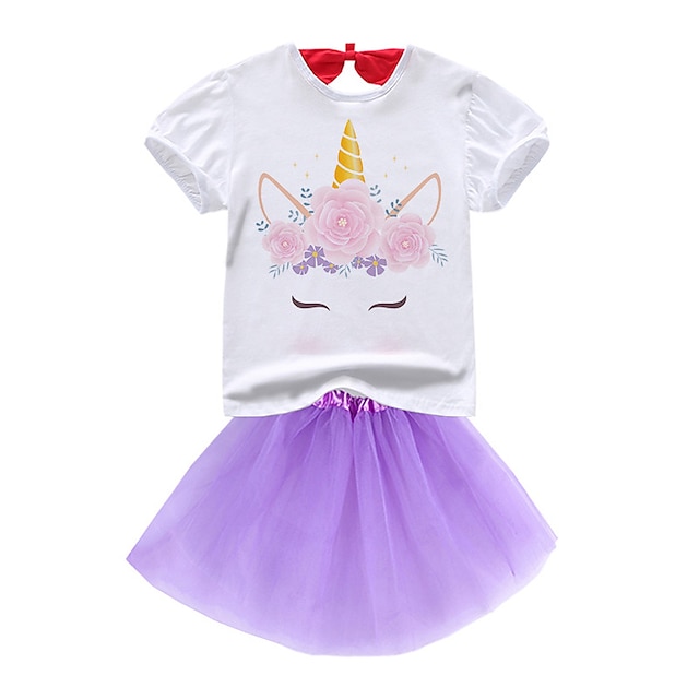 

Kids Girls' T-shirt Skirt SkirtSet Clothing Set 2 Pieces Short Sleeve Purple Unicorn Animal Mesh Bow Print Street Indoor Vacation Active Casual Fashion Daily Mini 2-8 Years