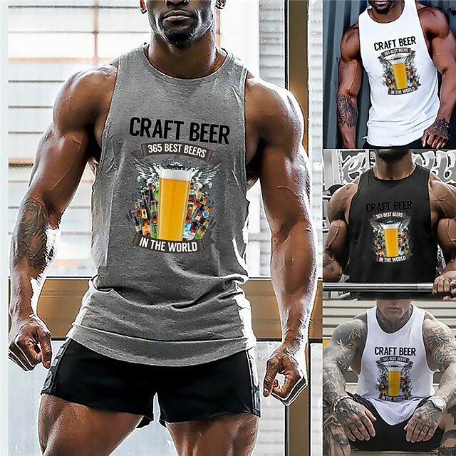 

Men's Tank Top Vest Hot Stamping Graphic Prints Beer Plus Size Crew Neck Daily Sports Print Sleeveless Tops Fashion Classic Designer Hawaiian White Black Gray