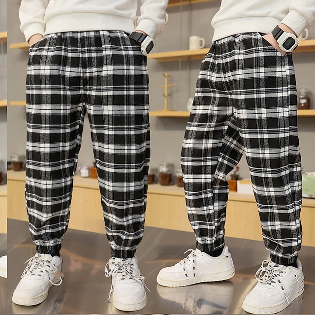 

Kids Boys Children's Day Pants Black Check Fall Spring Basic Casual 3-12 Years