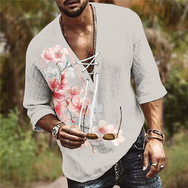 

Men's Shirt 3D Print Floral V Neck Casual Daily 3D Print Drawstring 3/4 Length Sleeve Tops Casual Fashion Designer Comfortable Gray