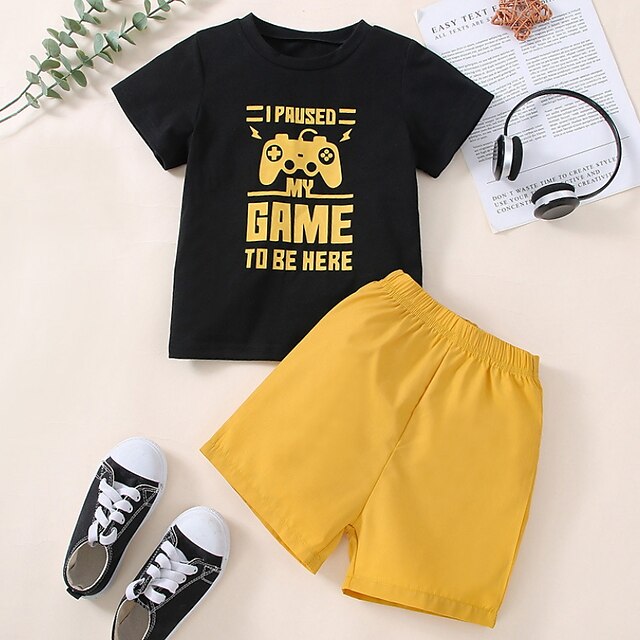 Baby & Kids Boys Clothing | Kids Boys T-shirt & Shorts Clothing Set 2 Pieces Short Sleeve Yellow Print Letter Print Indoor Outdo