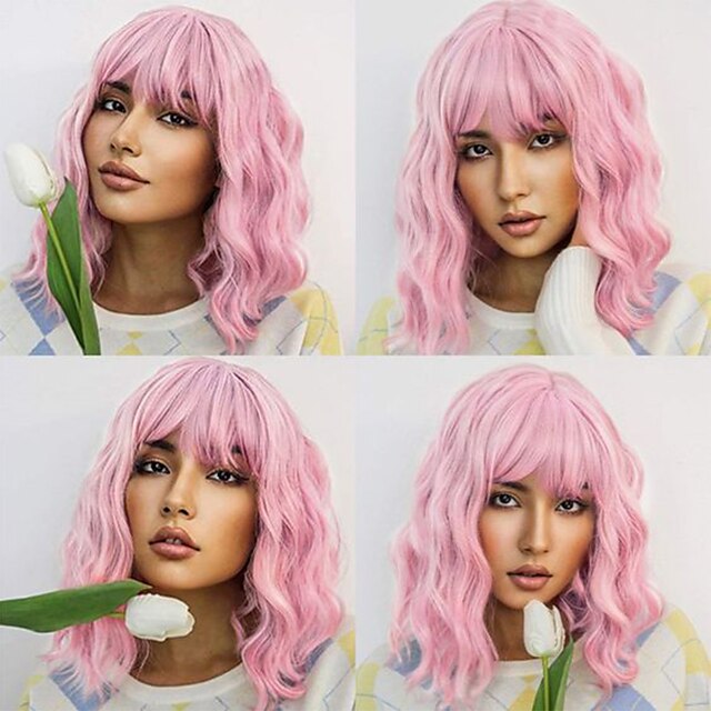 Beauty & Hair Wigs & Hair Pieces | Medium Culy Synthetic Wig with Bangs for Black Women African American Natural Pink Bob Lolita