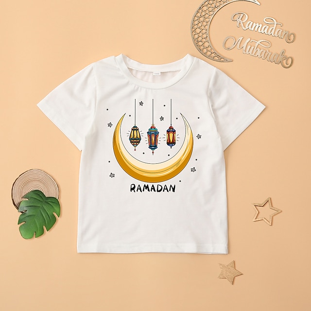 Baby & Kids Matching Outfits | Family Look Ramadan T shirt Tops Star Moon Letter Causal Print Multicolor Short Sleeve Adorable M