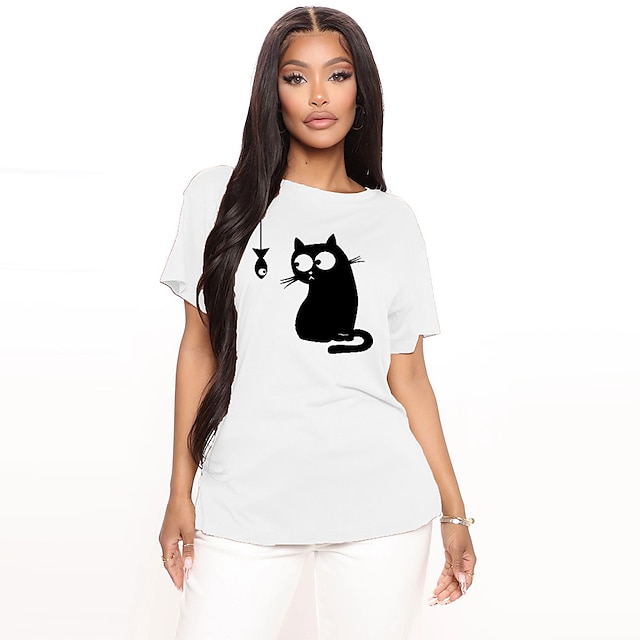 

Women's T shirt Cat Graphic Animal Print Round Neck Basic Tops 100% Cotton Green Blue White