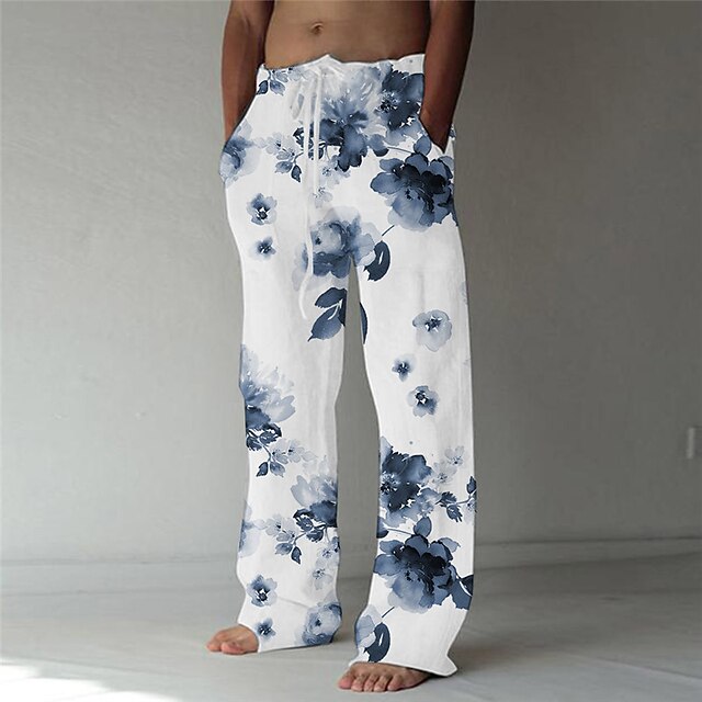 

Men's Fashion Designer Straight Trousers Beach Pants 3D Print Elastic Drawstring Design Front Pocket Pants Casual Daily Graphic Prints Flower / Floral Comfort Soft Mid Waist White S M L XL XXL