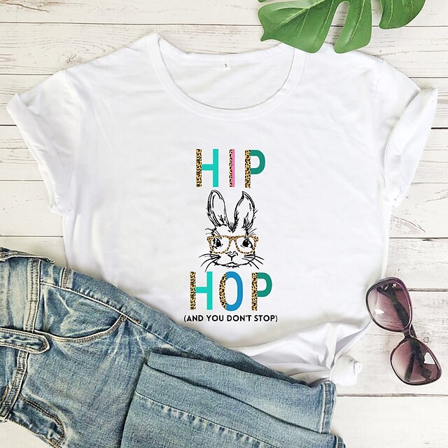 

Women's Happy Easter Painting T shirt Leopard Text Rabbit Print Round Neck Basic Tops 100% Cotton White Wine Light gray