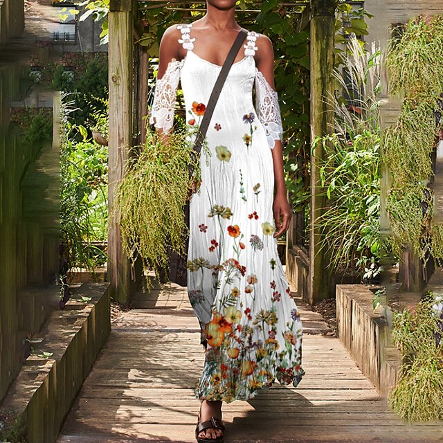 

Women's Swing Dress Maxi long Dress White Black Gold Half Sleeve Floral Hollow Out Cold Shoulder Print Fall Spring V Neck Spaghetti Strap Hot Vacation 2022 S M L XL XXL 3XL
