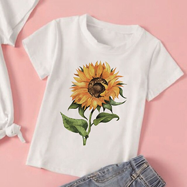 Baby & Kids Matching Outfits | Mommy and Me T shirt Tops Sunflower Street Print White Short Sleeve Active Matching Outfits - YZ4