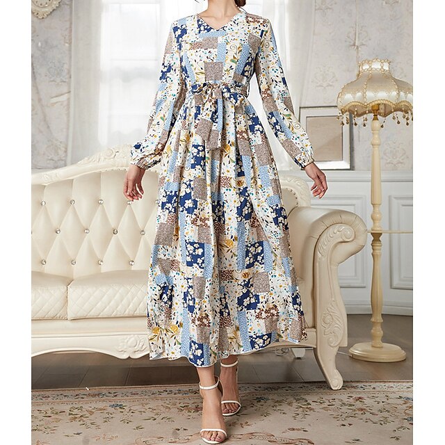 

Women's A Line Dress Maxi long Dress Blue Long Sleeve Pure Color Chiffon Spring Summer V Neck Party Elegant Luxurious Elegant Puff Sleeve Mesh S M L XL / Party Dress
