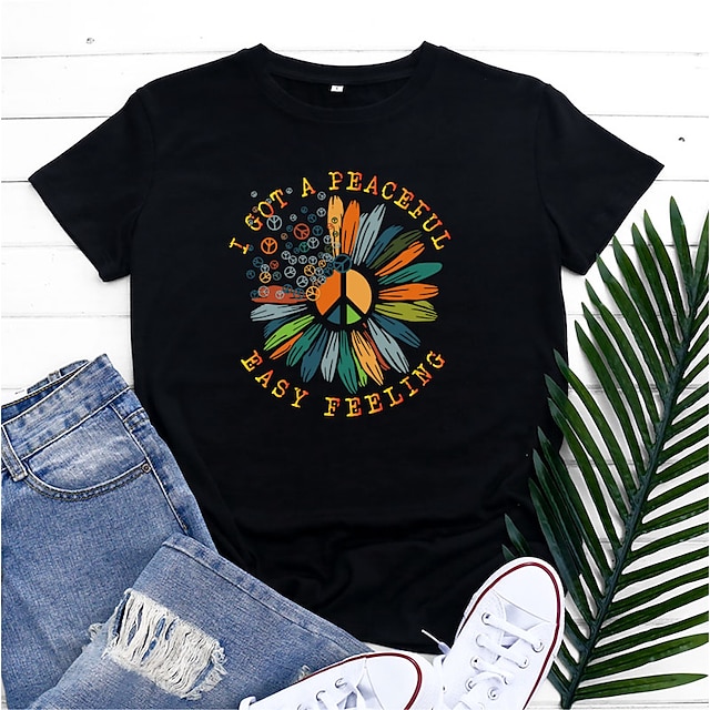 

Women's T shirt Sunflower Peace Love Letter Print Round Neck Basic Tops White Black Wine