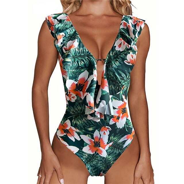 

Women's Swimwear Tankini 2 Piece Swimsuit Ruffle Open Back Flower Green Blue Black Pink Dark Green V Wire Bathing Suits New Vacation Fashion / Modern / Padded Bras